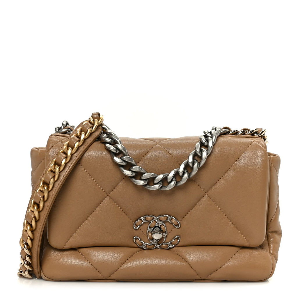 Chanel Lambskin Quilted Medium Chanel 19 Flap Dark Beige