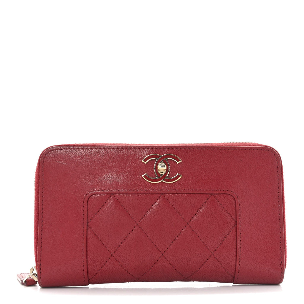 Chanel Sheepskin Quilted Medium Mademoiselle Vintage Zip Around Wallet Red