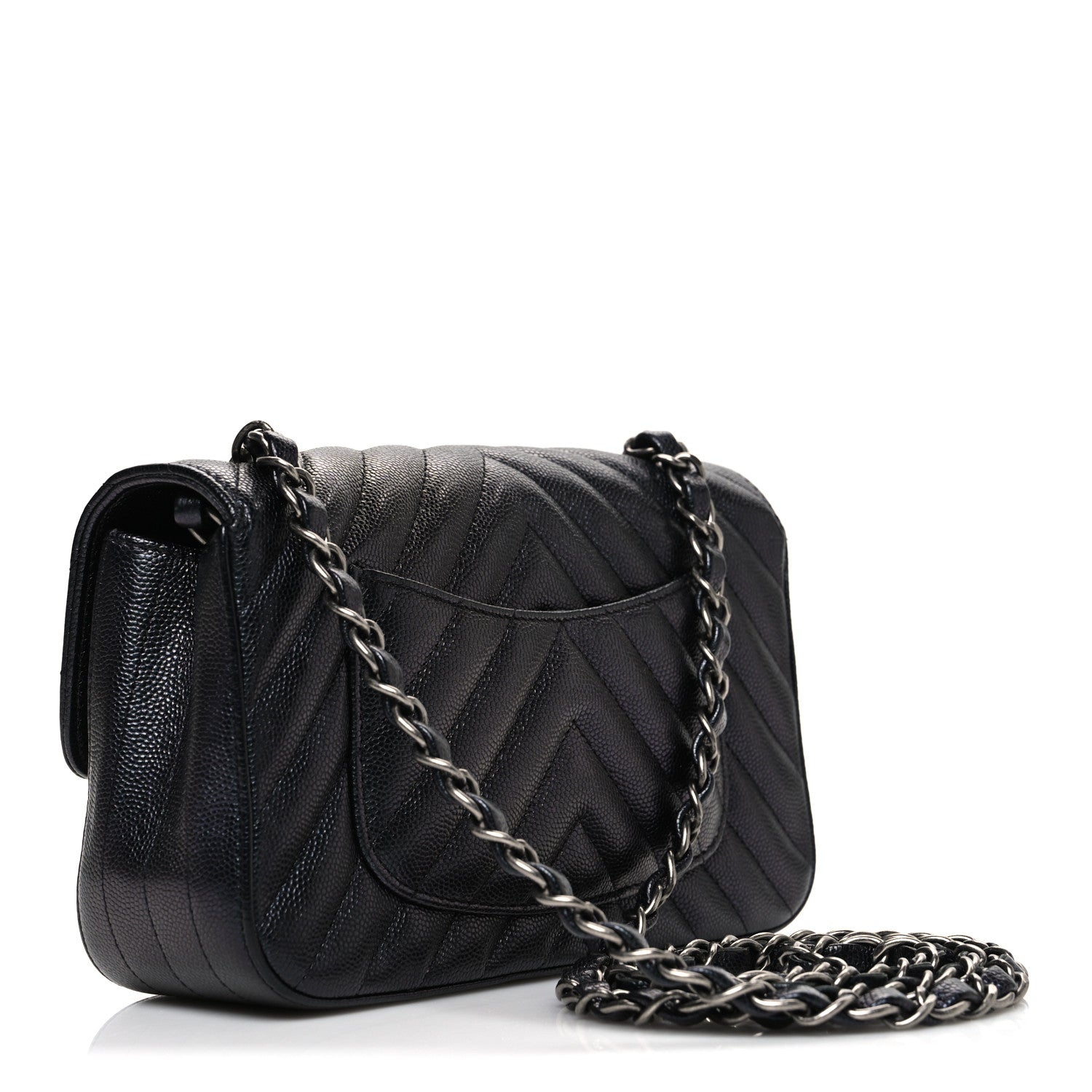 Chanel Metallic Caviar Chevron Quilted Mini Rectangular Flap Black