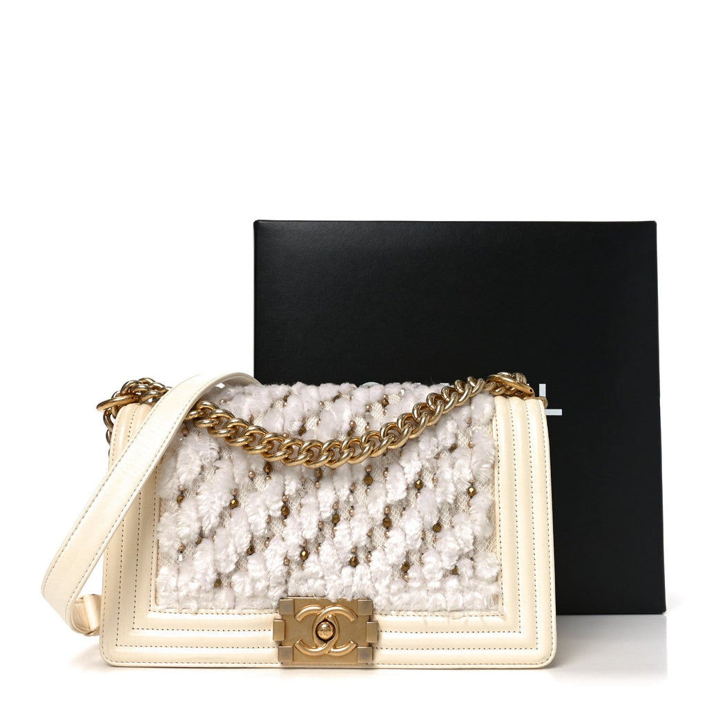 Chanel Lambskin Tulle Embroidered Medium Boy Flap White