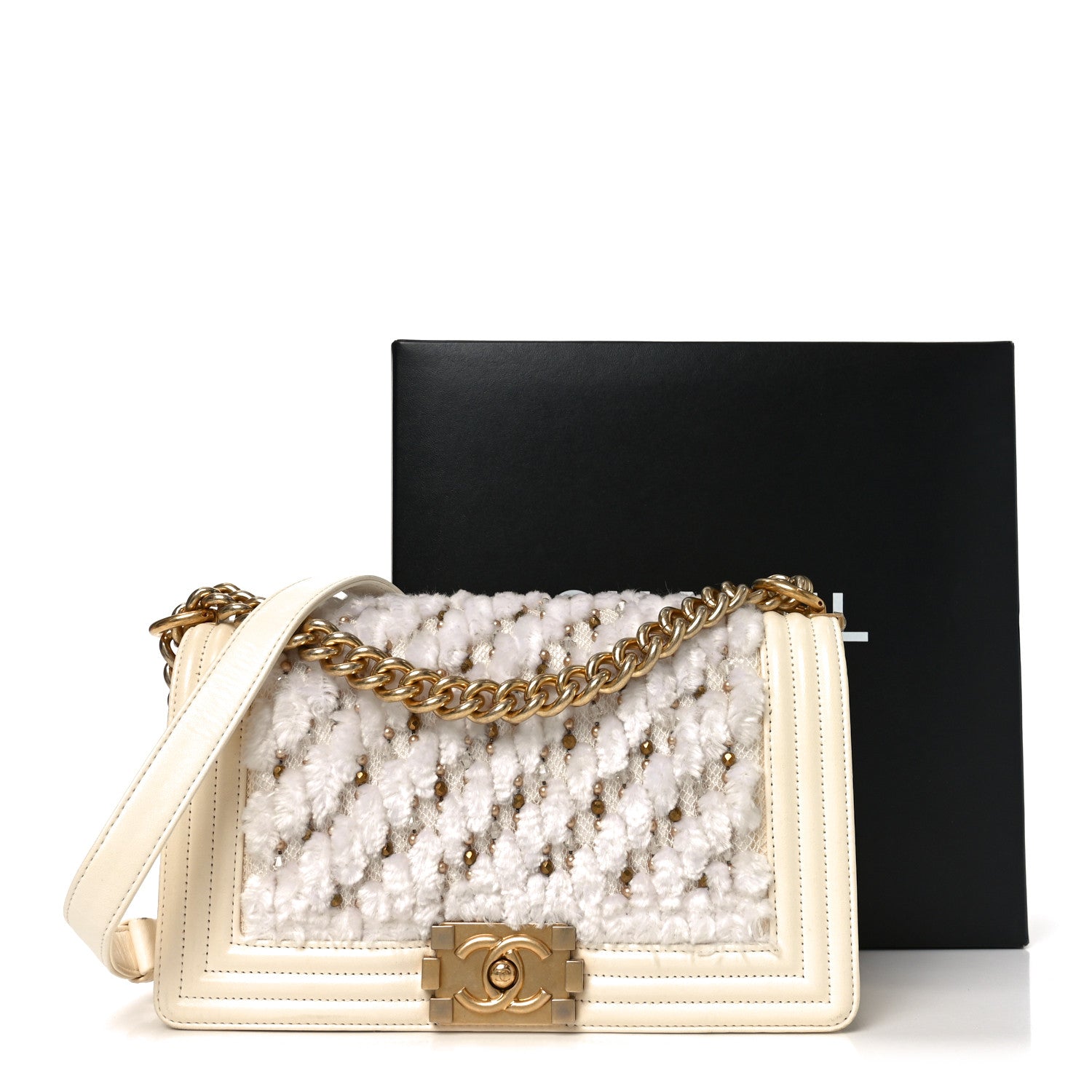 Chanel Lambskin Tulle Embroidered Medium Boy Flap White