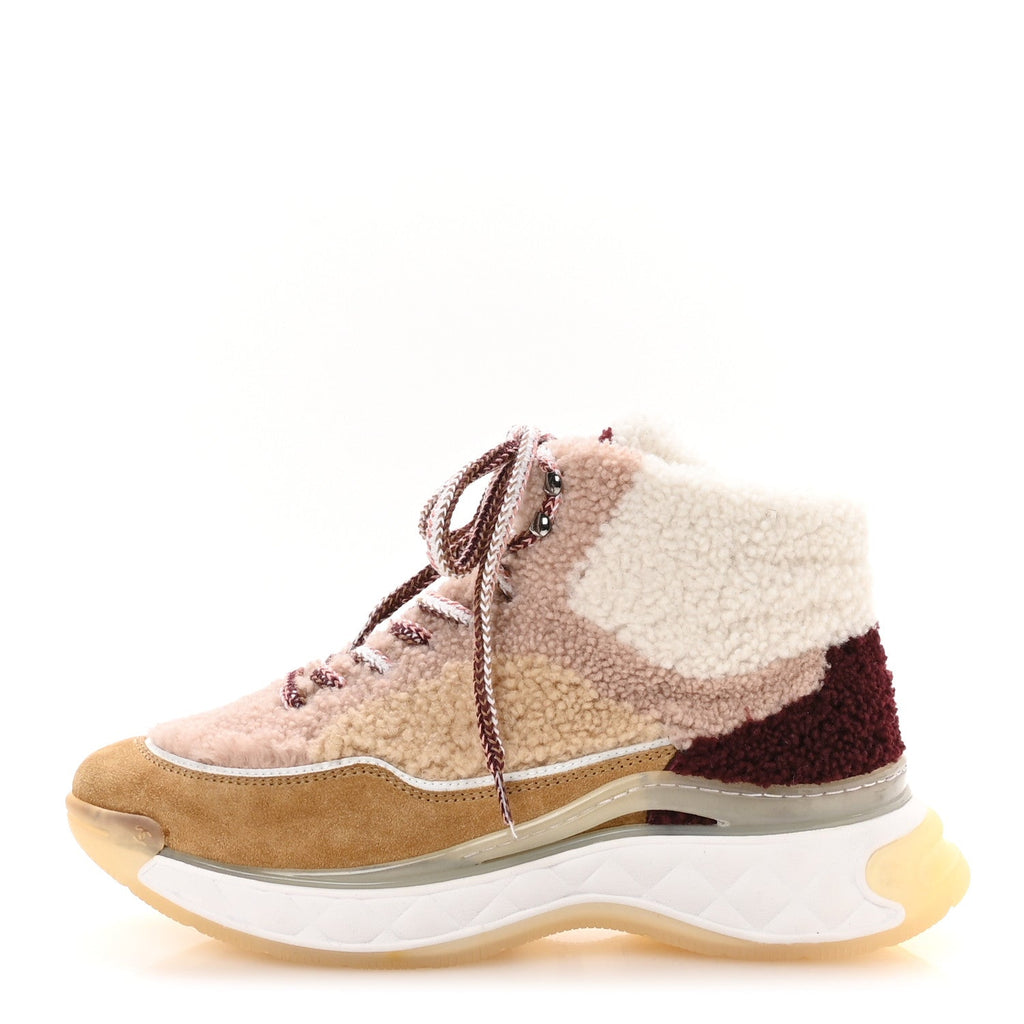 Chanel Shearling Suede CC High Top Sneakers 40 White Pink