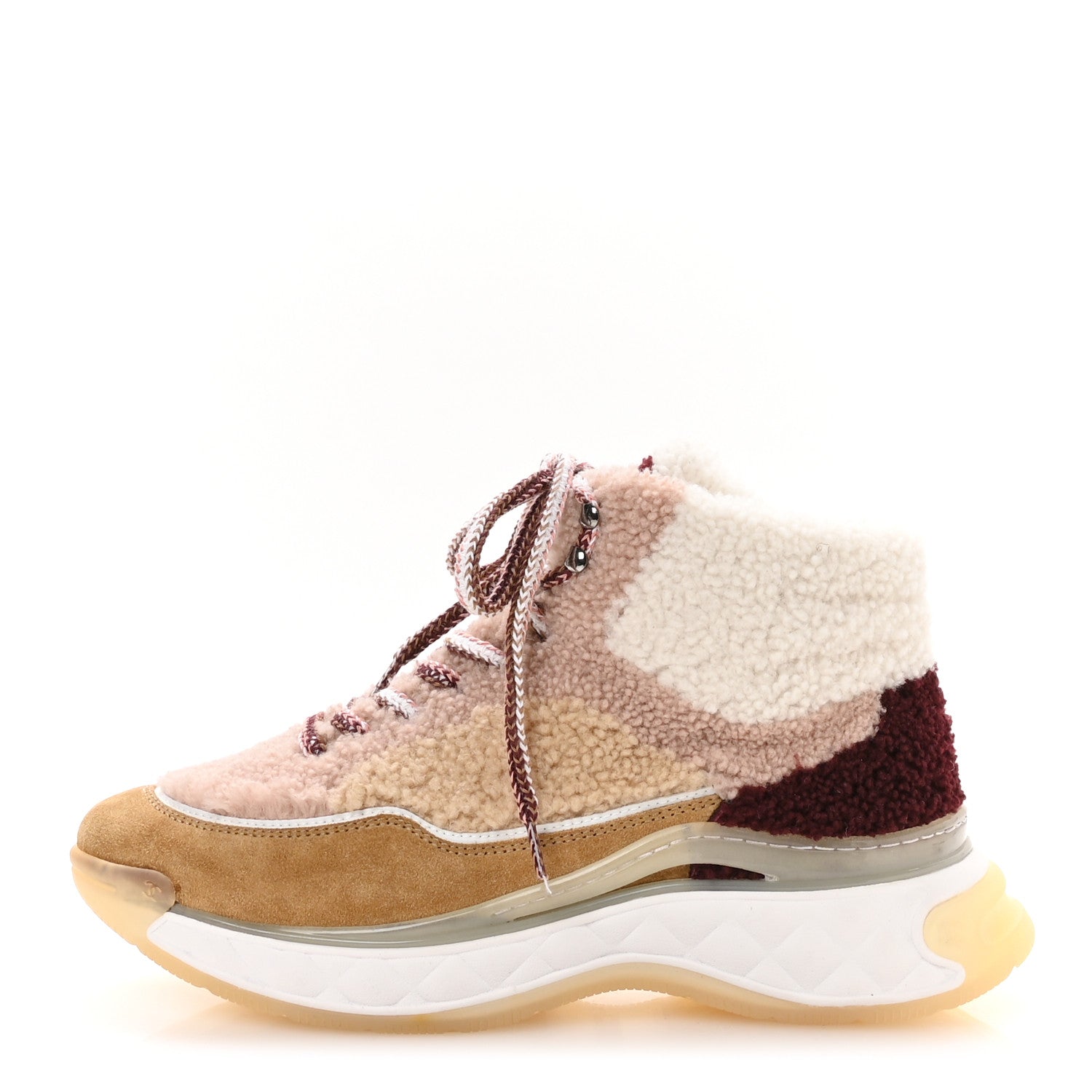 Chanel Shearling Suede CC High Top Sneakers 40 White Pink