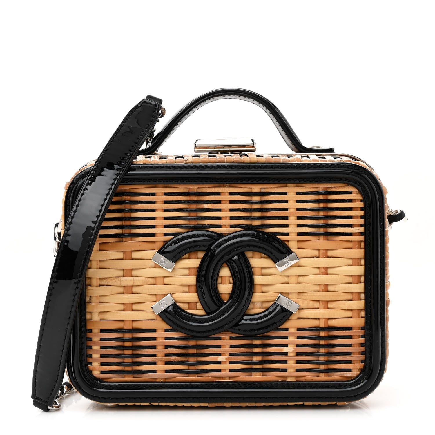 Chanel Raffia Patent Small CC Filigree Vanity Case Black