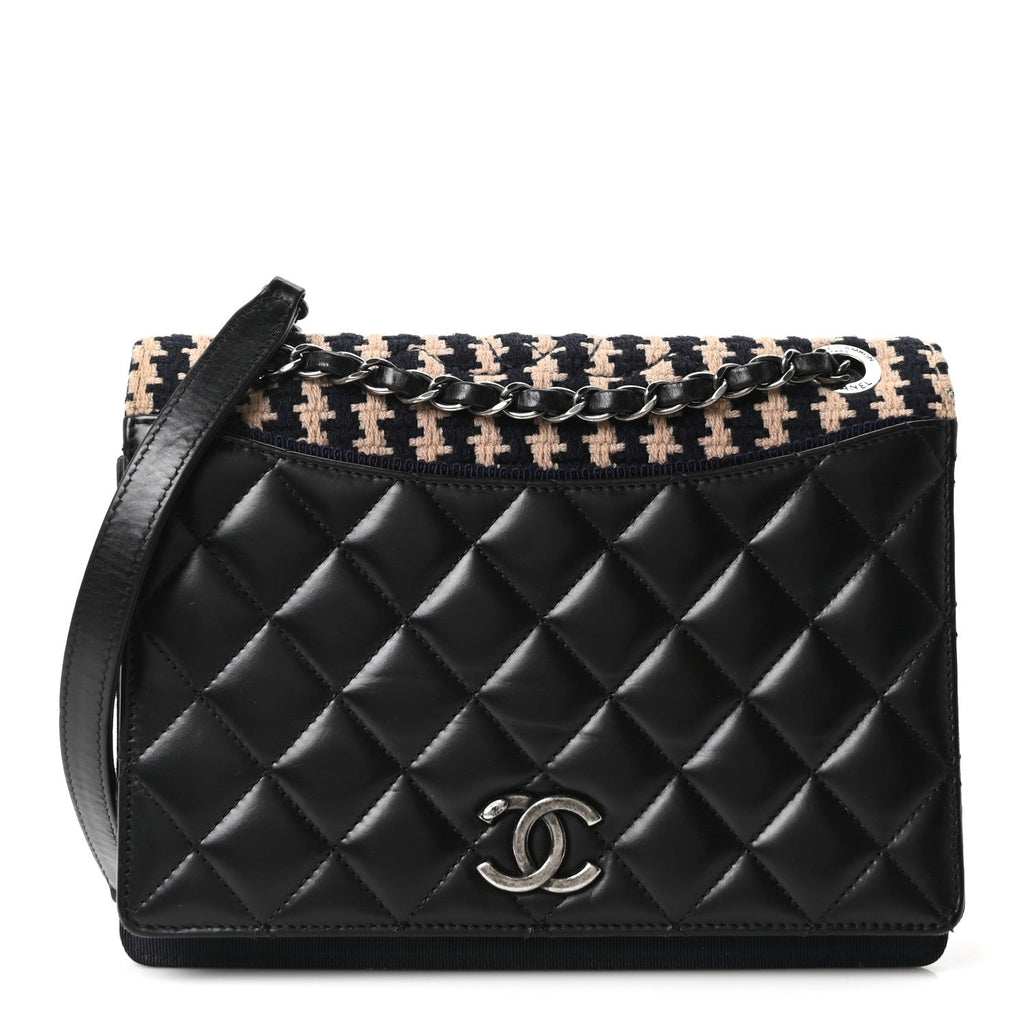 Chanel Tweed Calfskin Quilted Ballerine Flap Black Navy Beige