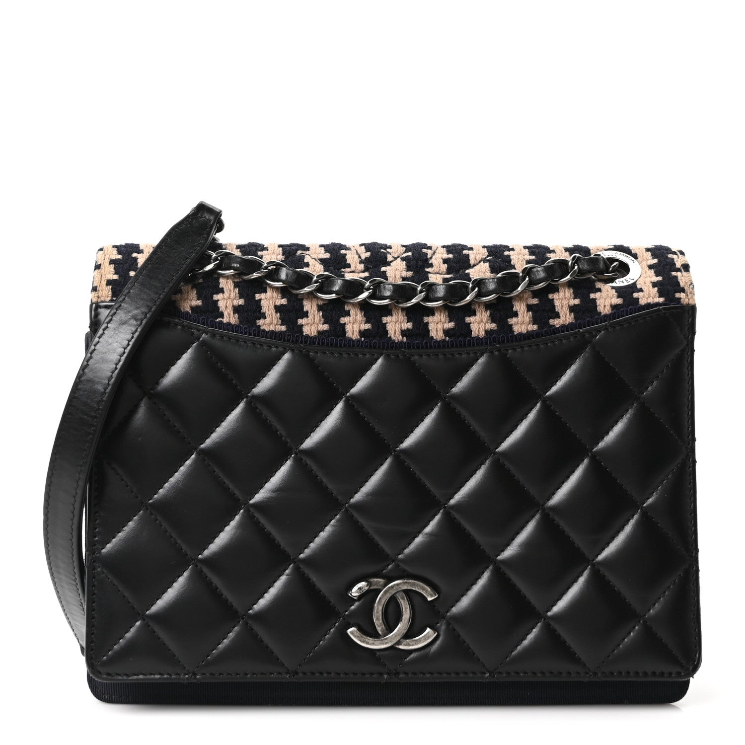 Chanel Tweed Calfskin Quilted Ballerine Flap Black Navy Beige