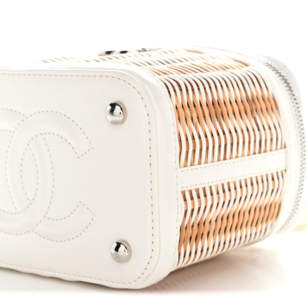 Chanel Calfskin Raffia Small Vanity Case Bag White Beige