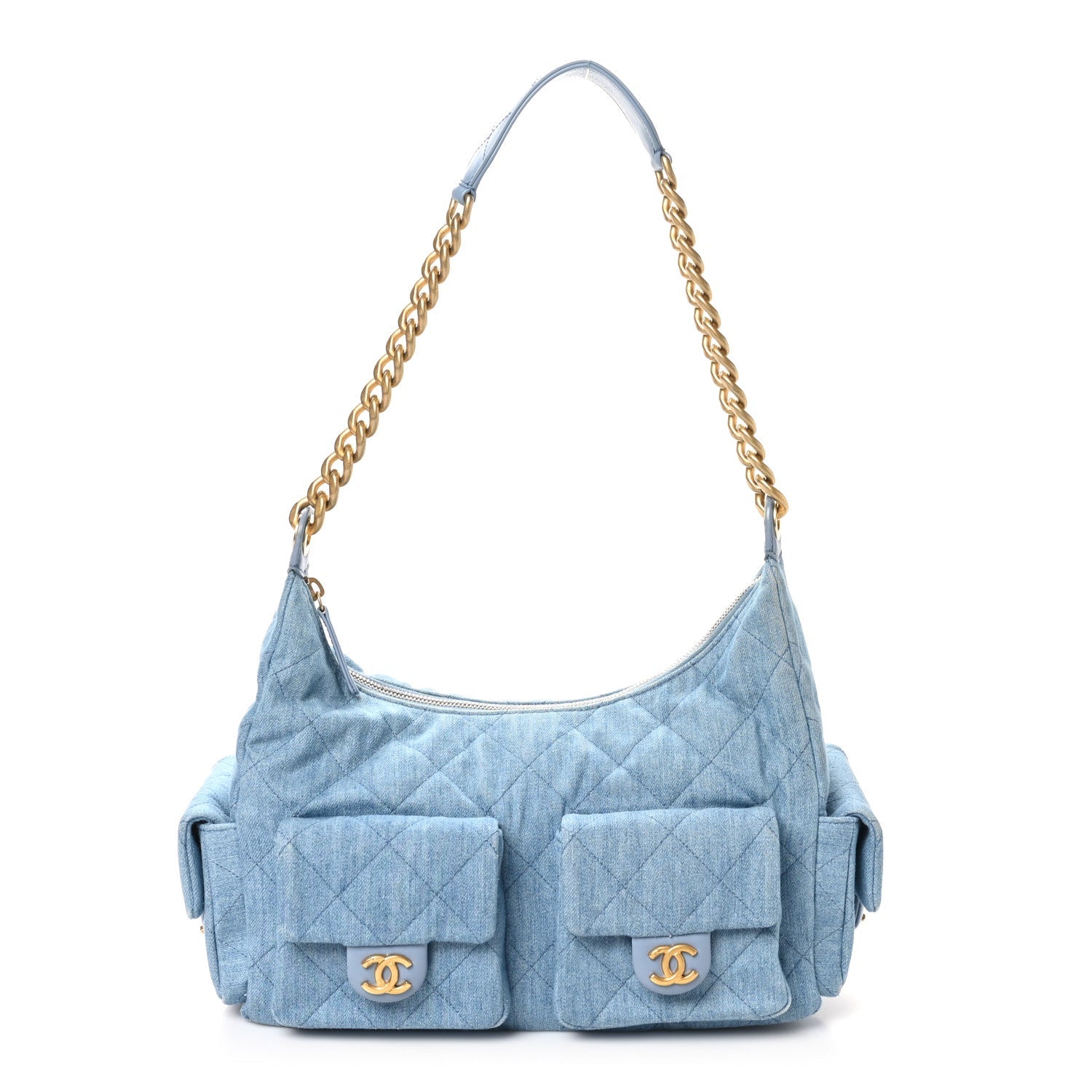 Chanel Washed Denim Quilted Large Trendy Pockets Hobo Blue