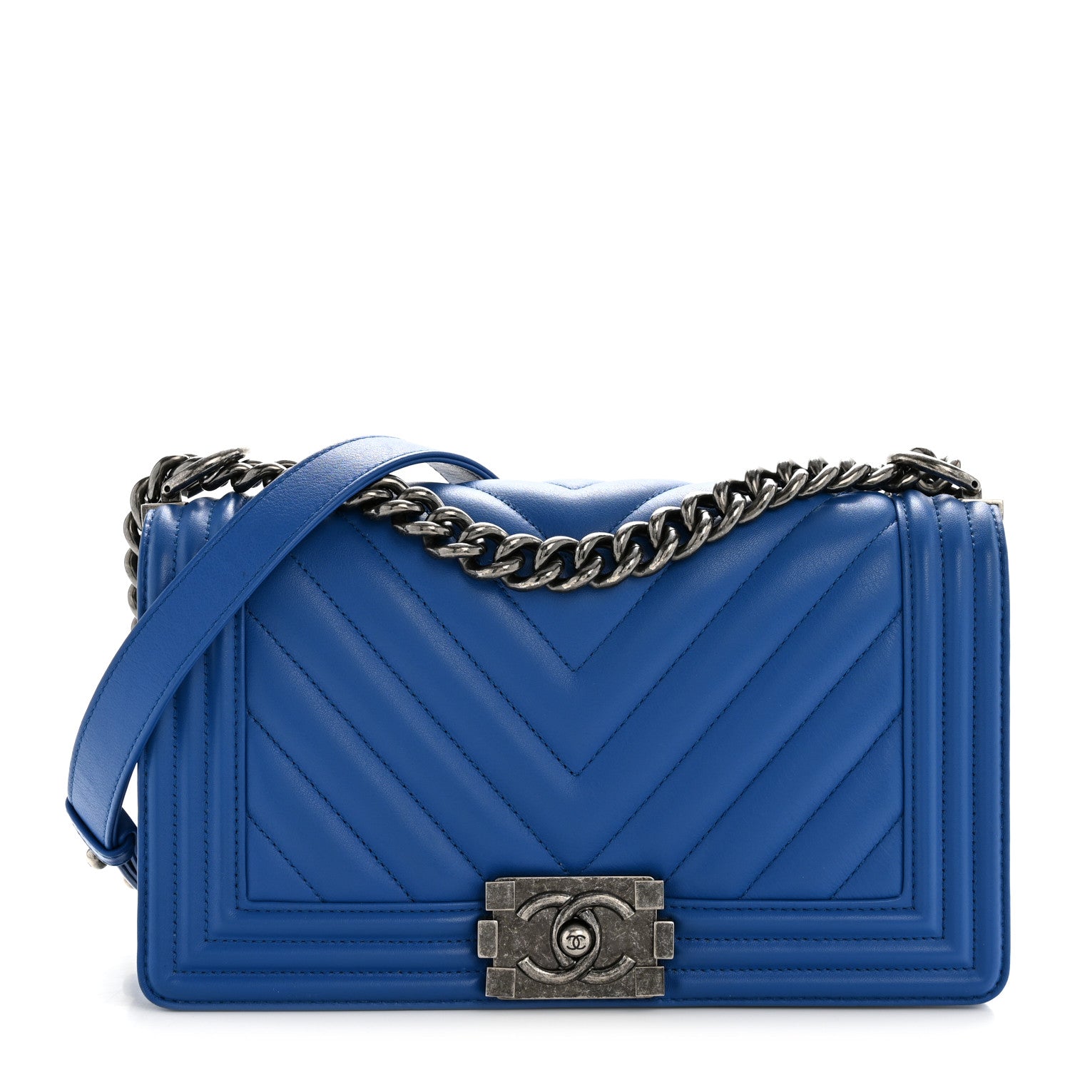 Chanel Calfskin Chevron Quilted Medium Boy Flap Blue