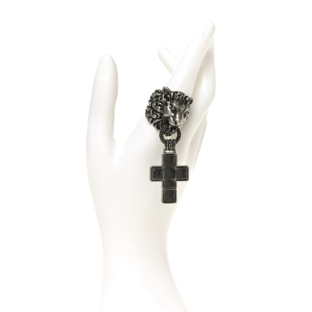 Gucci Enamel Brass Lion Head Crucifix Ring XL Black
