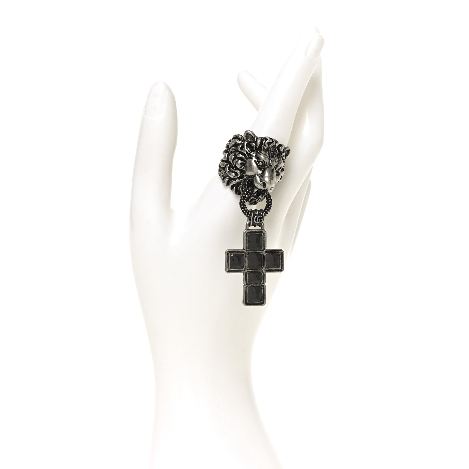Gucci Enamel Brass Lion Head Crucifix Ring XL Black
