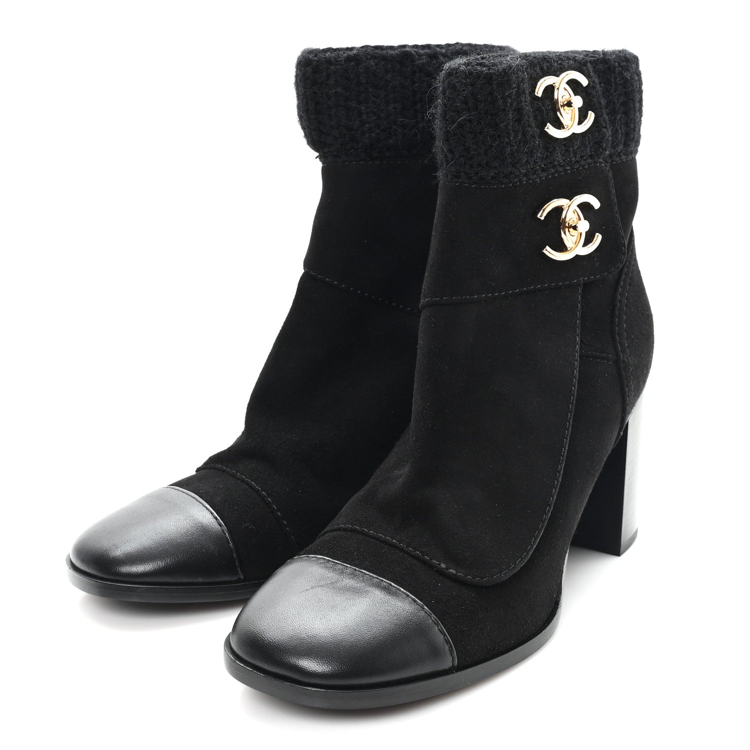 Chanel Suede Lambskin Knit CC Short Boots 39 Black