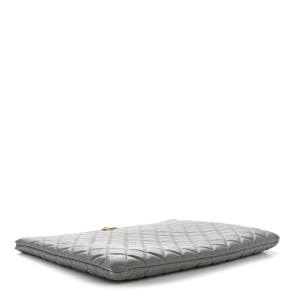 Lambskin Quilted Large Boy Zip Pouch Grey