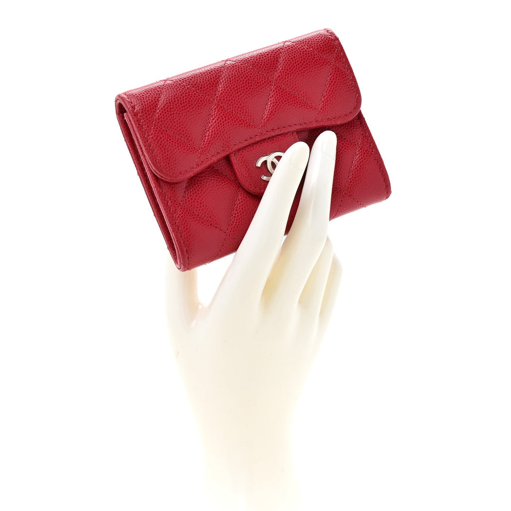 Caviar Quilted Flap Card Holder Wallet Red