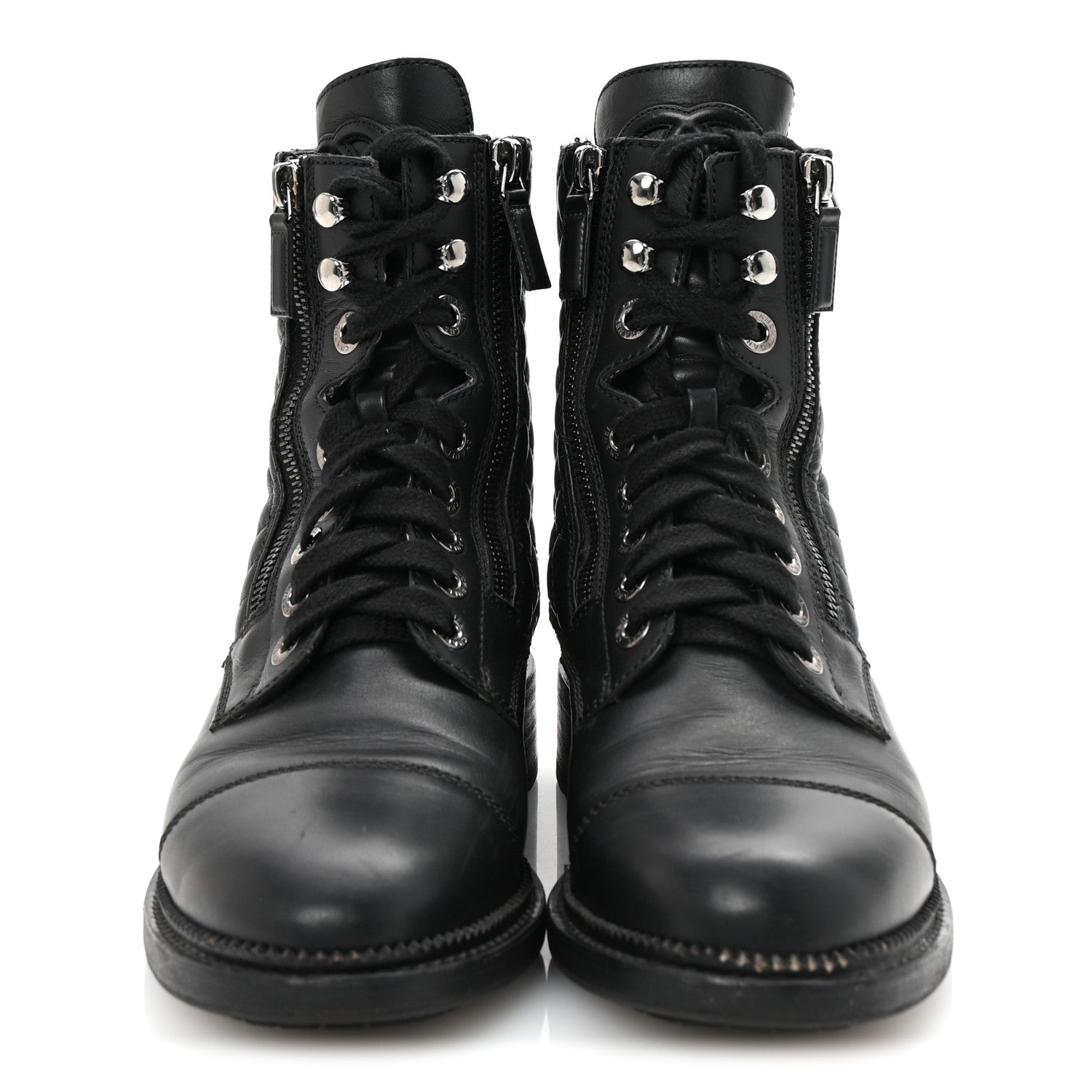 Calfskin Quilted Lace Up Combat Boots 37.5 Black