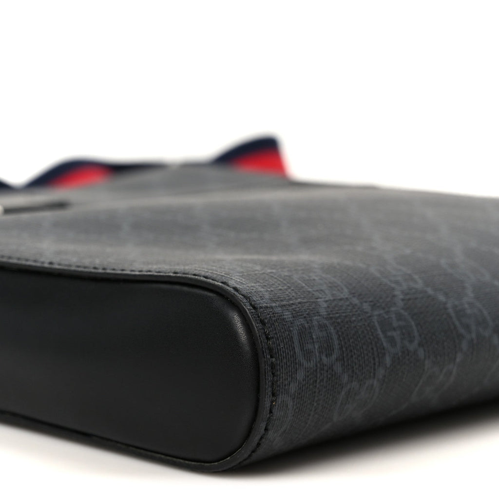 Gucci GG Supreme Monogram Appia Calfskin Web Flat Messenger Bag Black Grey