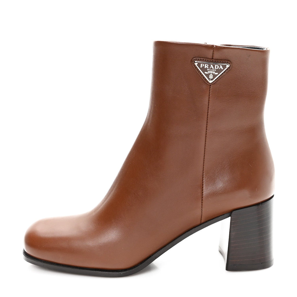 Prada Vitello Triangle Ankle Boots 36.5 Cognac