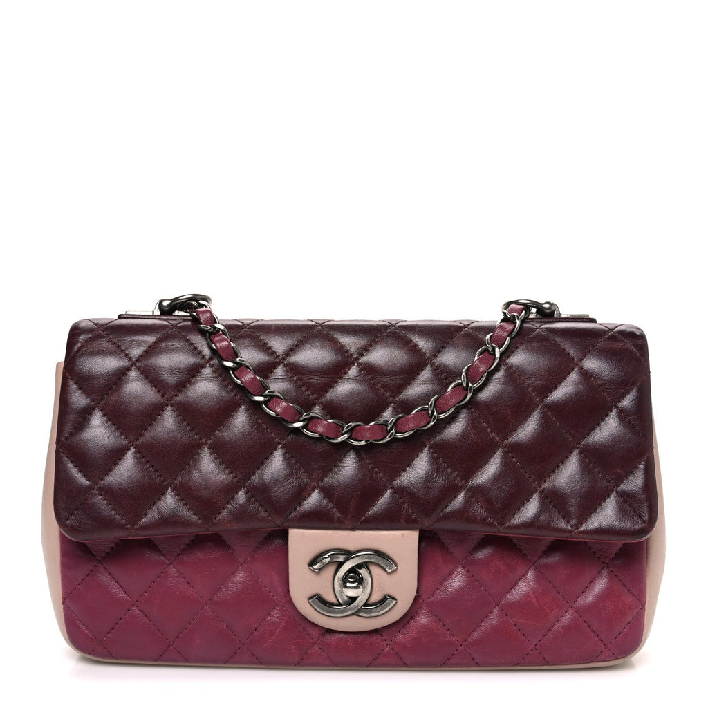 Chanel Lambskin Quilted Medium Tri-Color Flap Burgundy Dark Pink