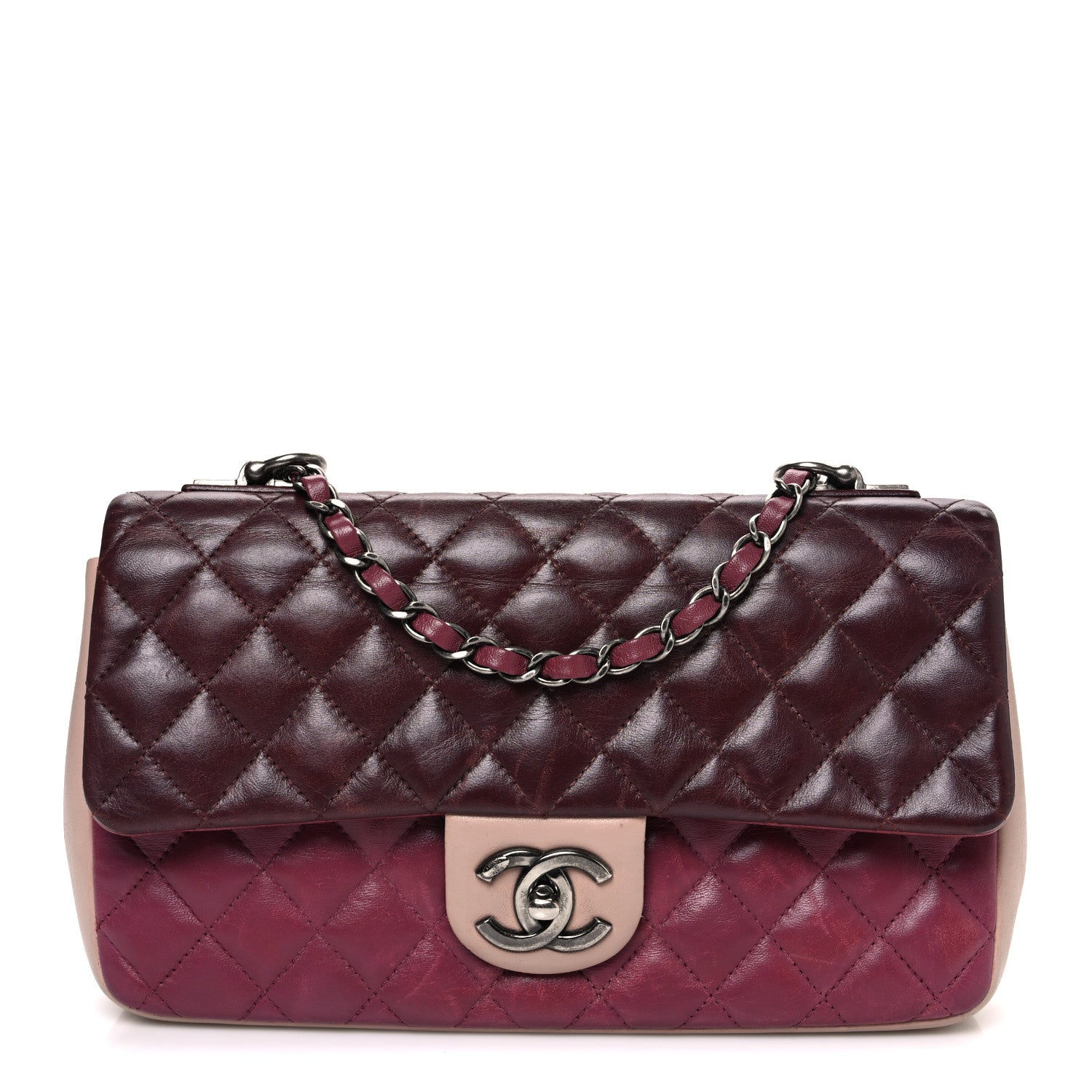 Chanel Lambskin Quilted Medium Tri-Color Flap Burgundy Dark Pink