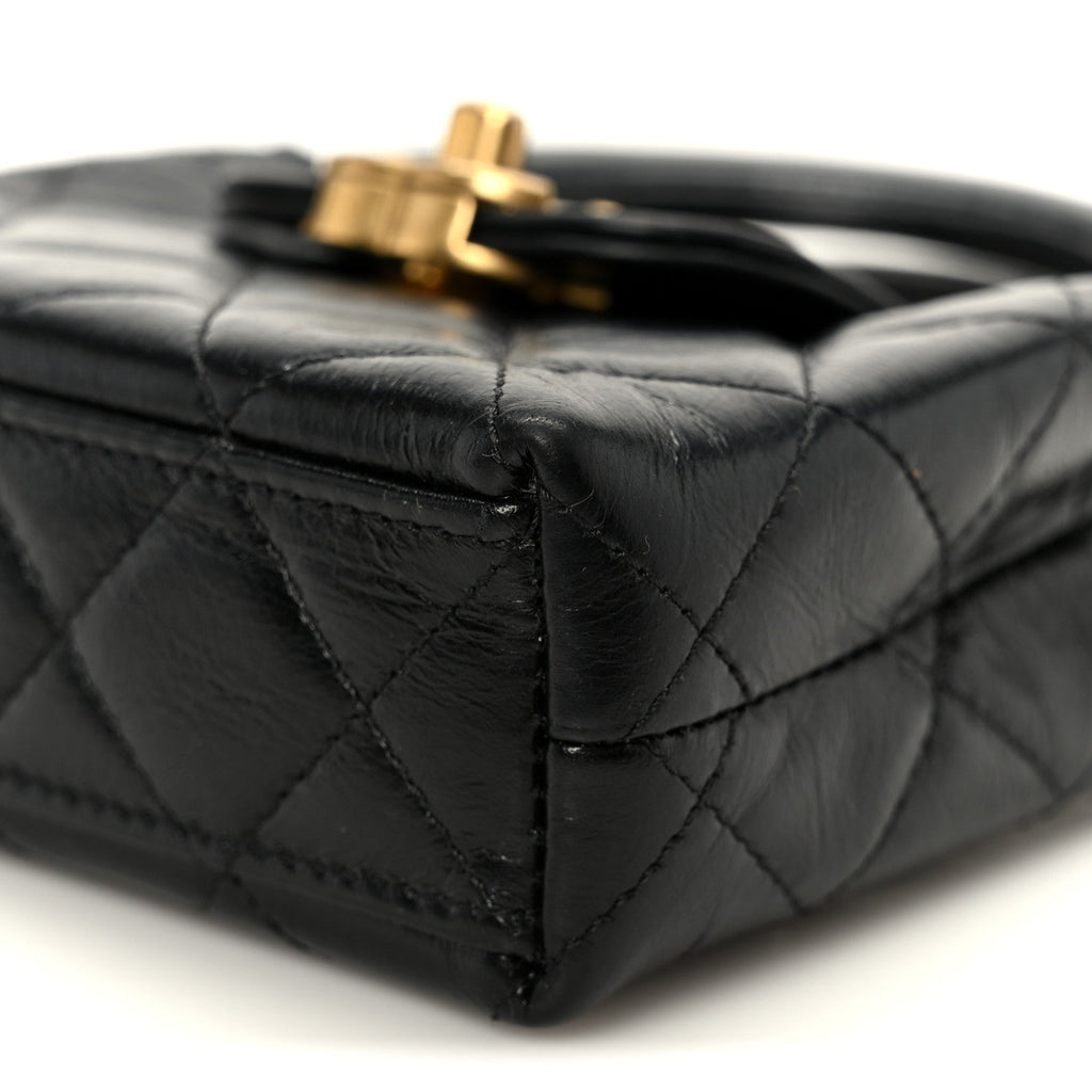 Chanel Shiny Aged Calfskin Quilted Mini Nano Kelly Shopper Black
