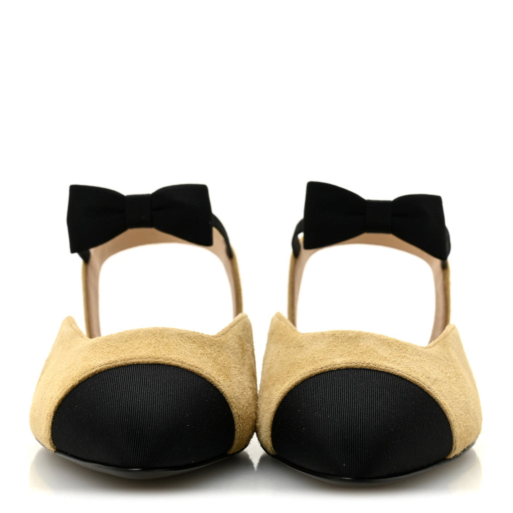 Chanel Suede Grosgrain Bow Cap Toe CC Slingback Flats 38 Beige Black