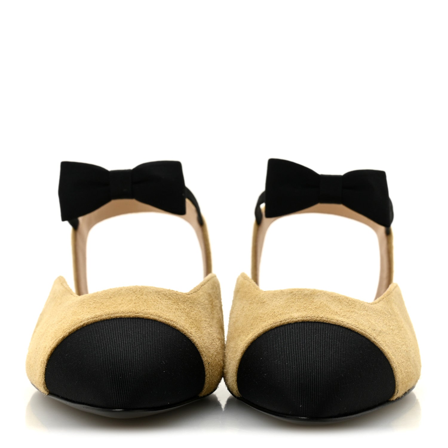 Chanel Suede Grosgrain Bow Cap Toe CC Slingback Flats 38 Beige Black