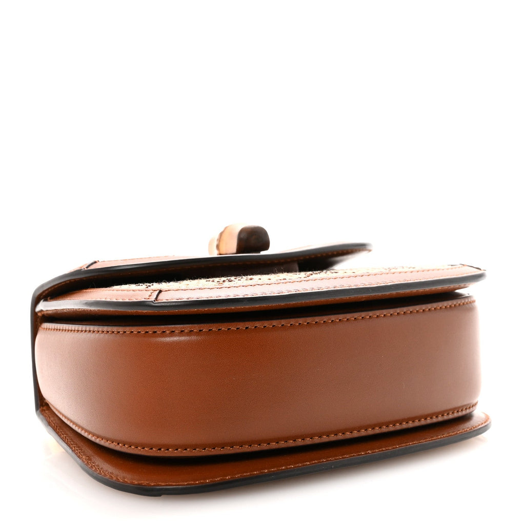 Gucci New Canvas Charisma Calfskin Crystal GG Monogram Small Bamboo 1947 Top Handle Bag Camel Ebony