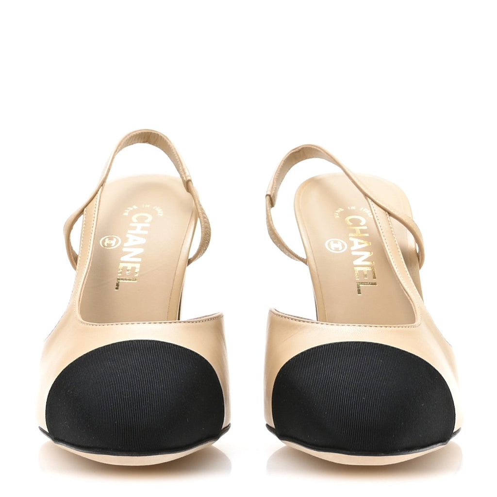 Goatskin Grosgrain Cap Toe CC Slingback Pumps 40 Beige Black