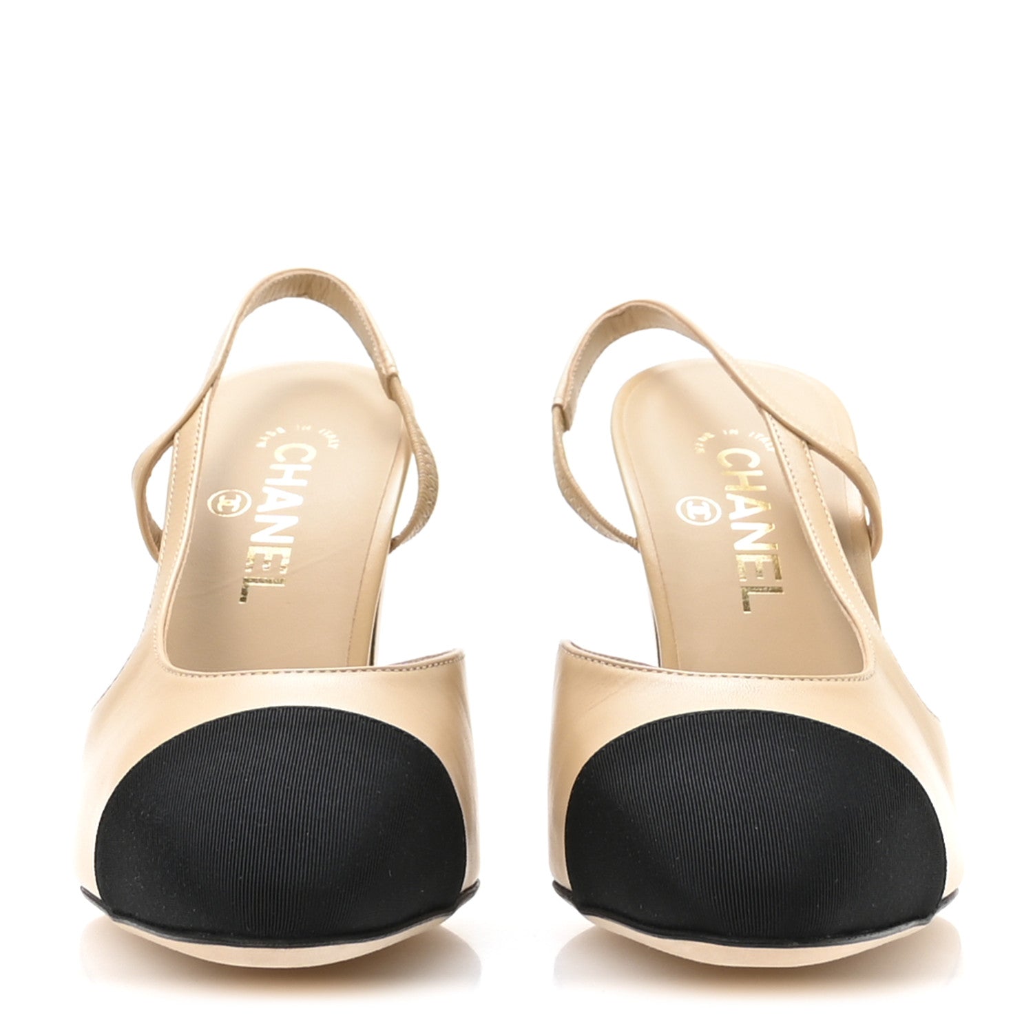 Goatskin Grosgrain Cap Toe CC Slingback Pumps 40 Beige Black
