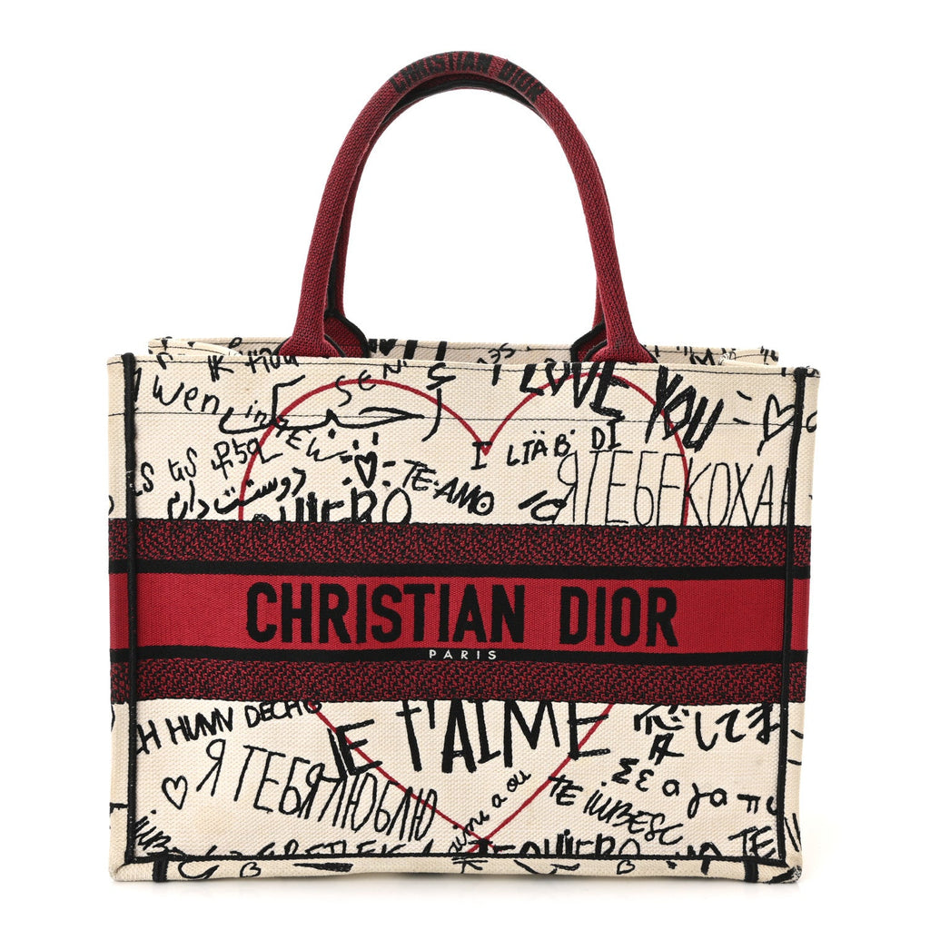 Christian Dior Canvas Embroidered Medium Dioramour Graffiti Book Tote Latte Multicolor