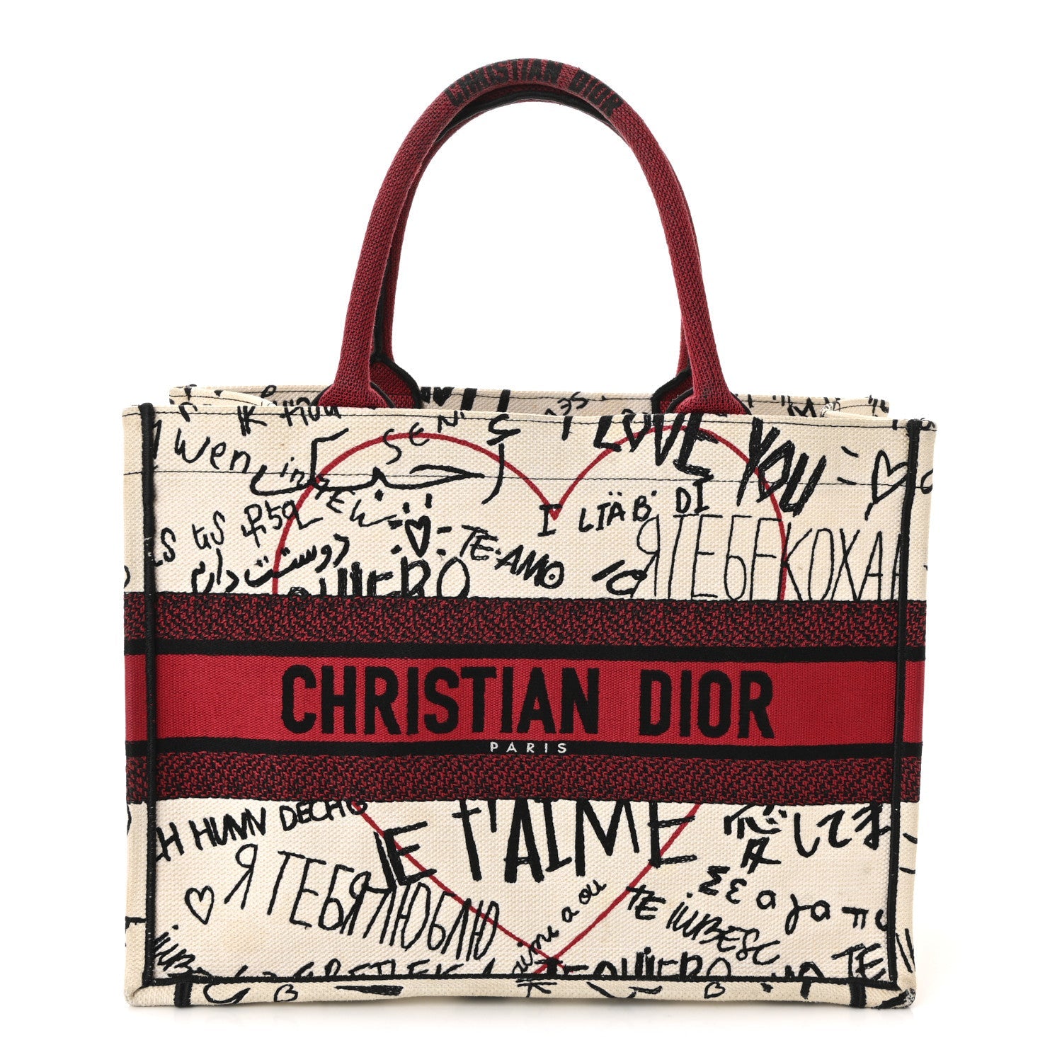 Christian Dior Canvas Embroidered Medium Dioramour Graffiti Book Tote Latte Multicolor