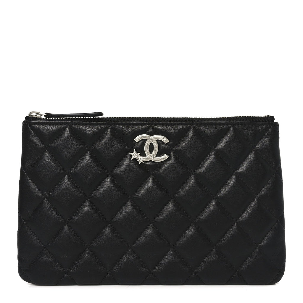 Lambskin Quilted Crystal Star Cosmetic Case Black