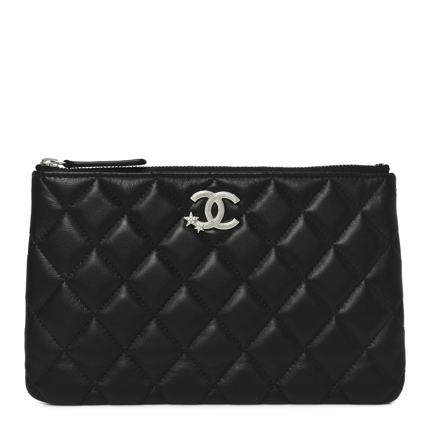 Lambskin Quilted Crystal Star Cosmetic Case Black