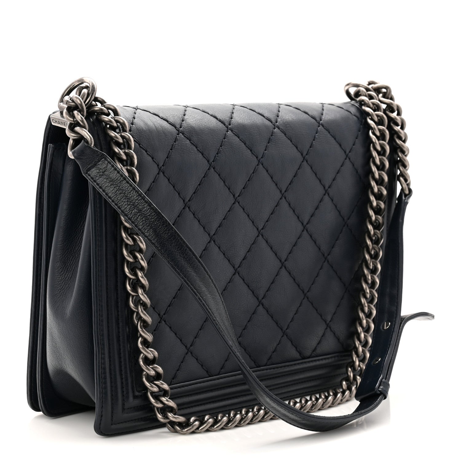 Chanel Calfskin Double Stitch Large Boy Flap Navy Blue