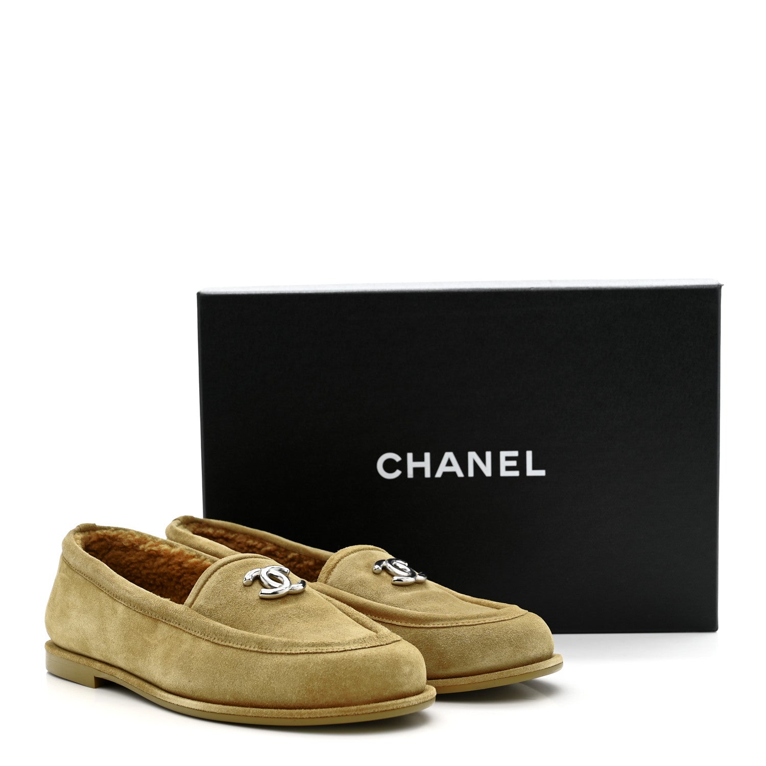 Chanel Suede Calfskin CC Loafers 39 Dark Beige