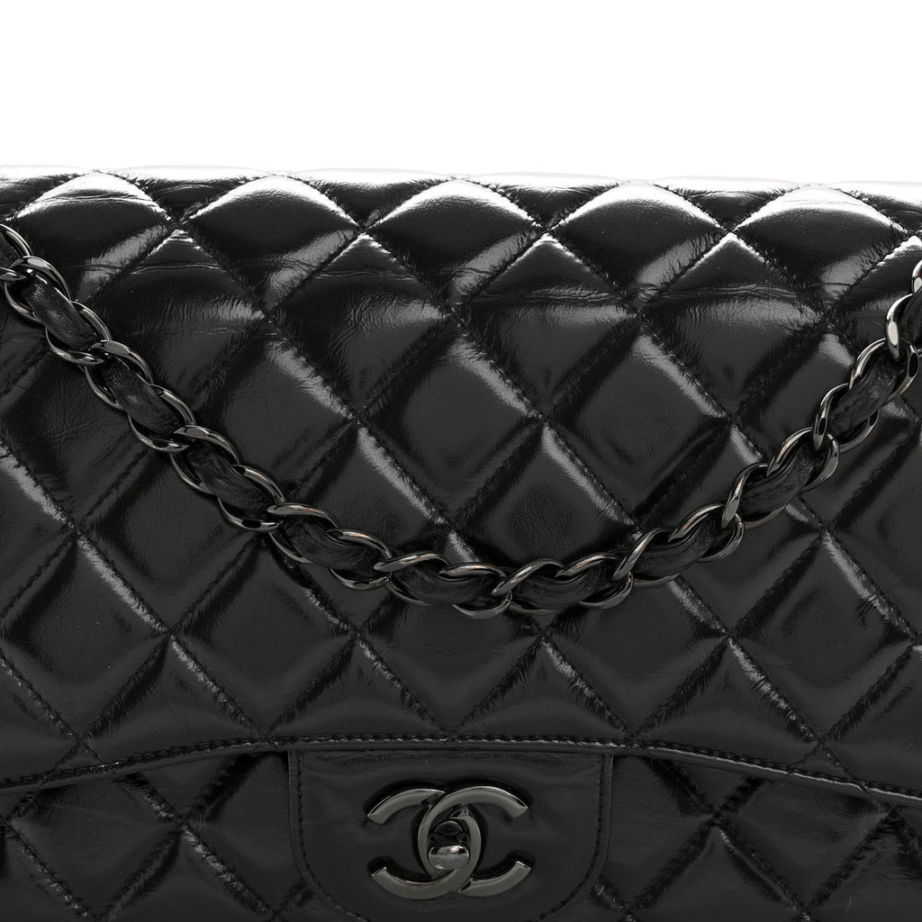 Chanel Shiny Crumpled Calfskin Quilted Jumbo Double Flap So Black