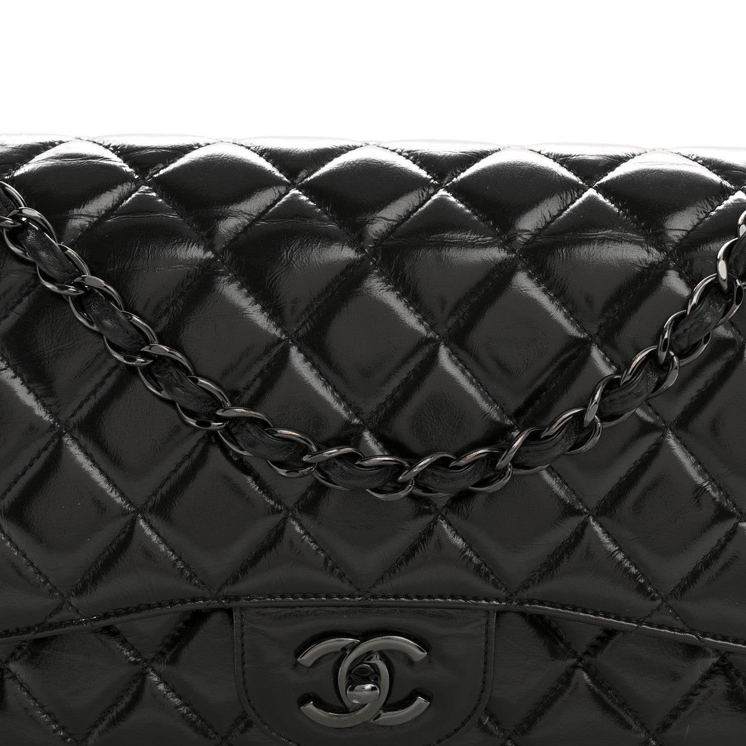 Chanel Shiny Crumpled Calfskin Quilted Jumbo Double Flap So Black