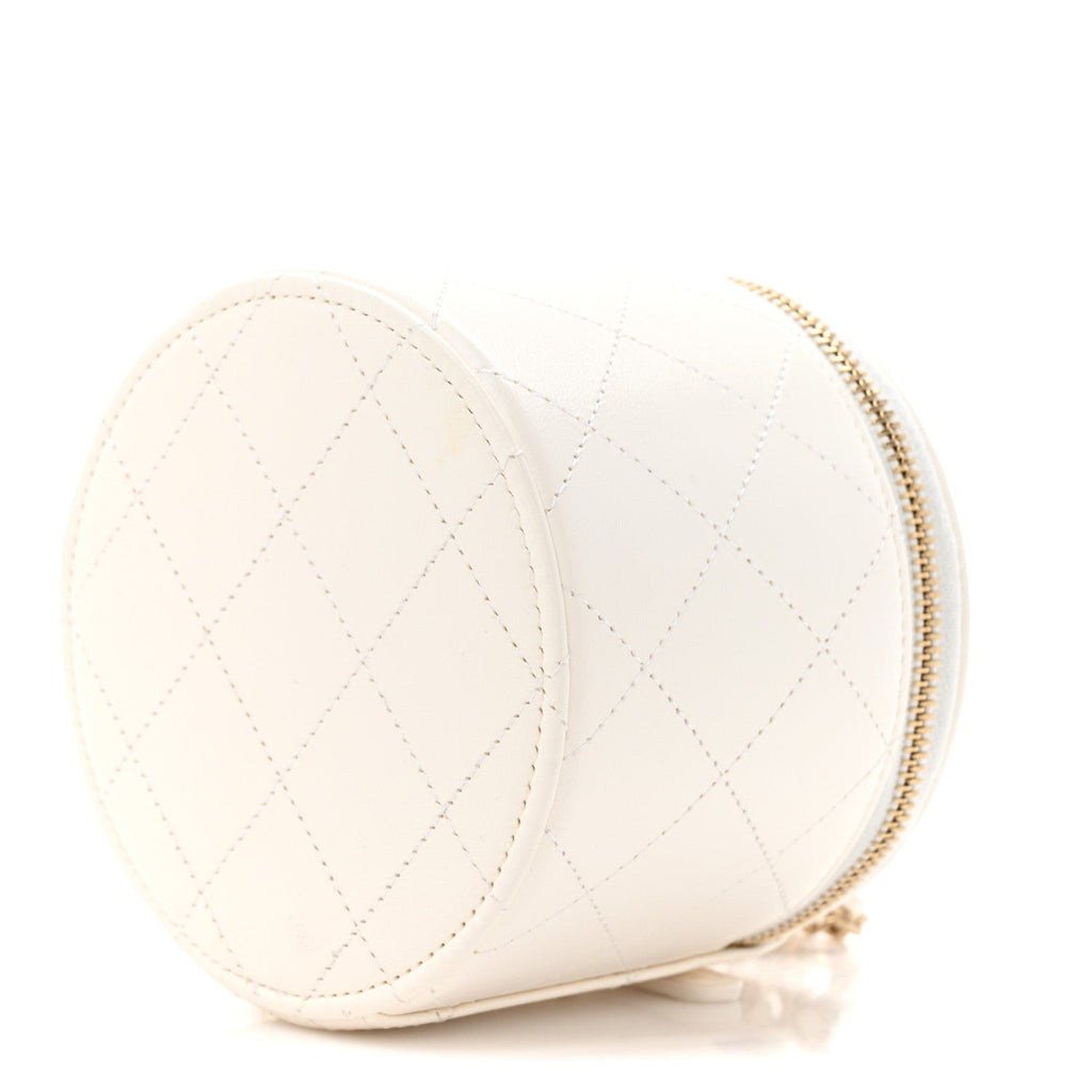 Chanel Lambskin Quilted Round Small Vanity Case With Chain White Black