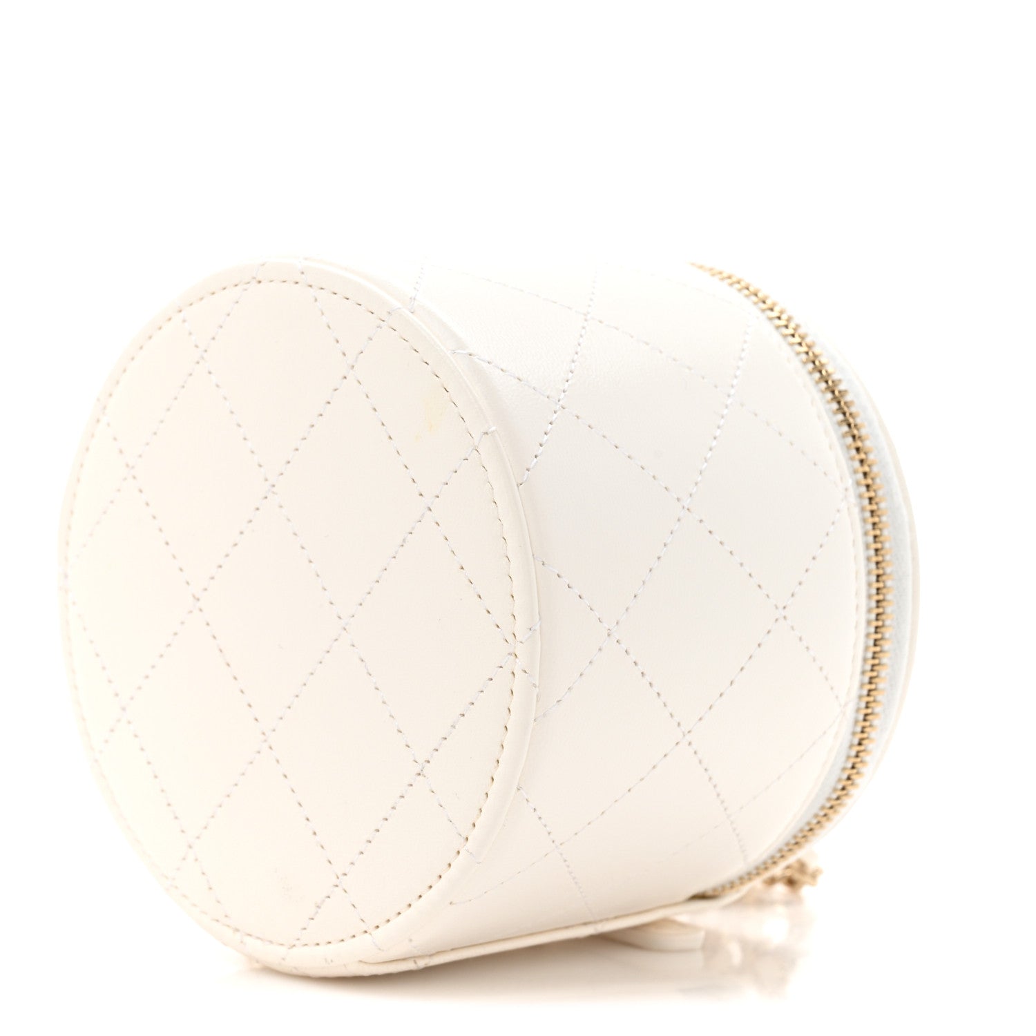 Chanel Lambskin Quilted Round Small Vanity Case With Chain White Black