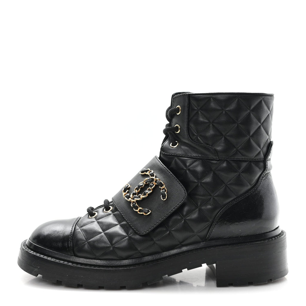 Chanel Shiny Calfskin Quilted Lace Up Combat Boots 38.5 Black