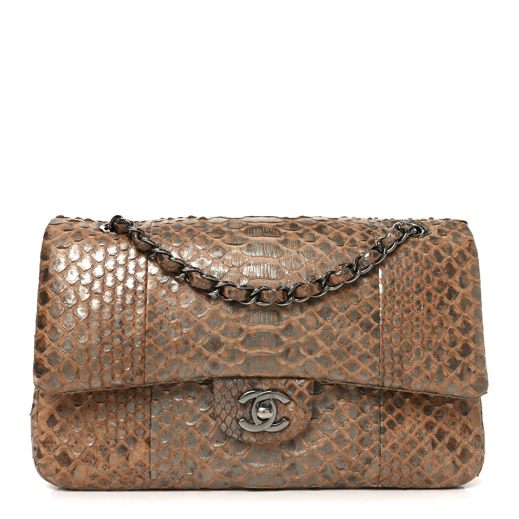 Chanel Metallic Snakeskin Medium Double Flap Beige