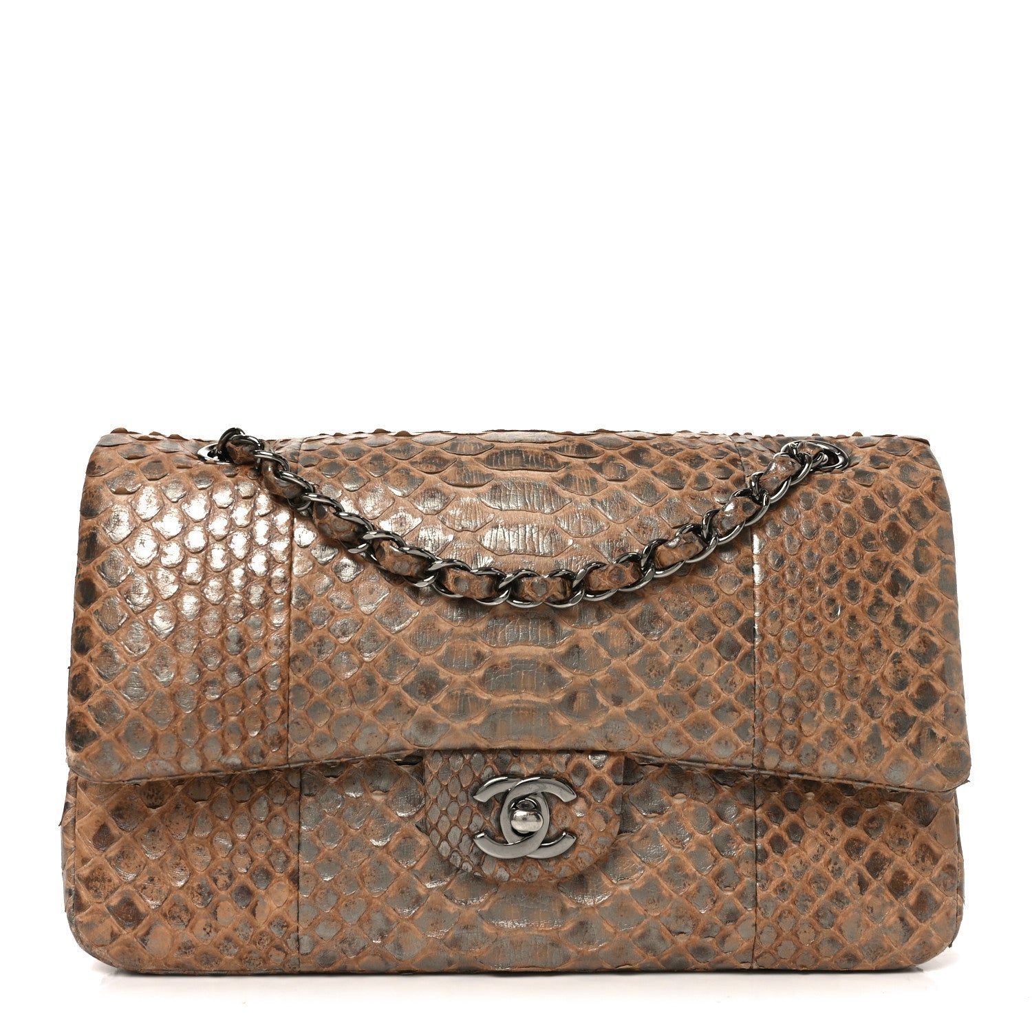 Chanel Metallic Snakeskin Medium Double Flap Beige