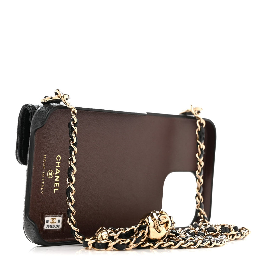 Caviar Quilted Pearl Crush iPhone XII Pro Max Holder With Chain Black