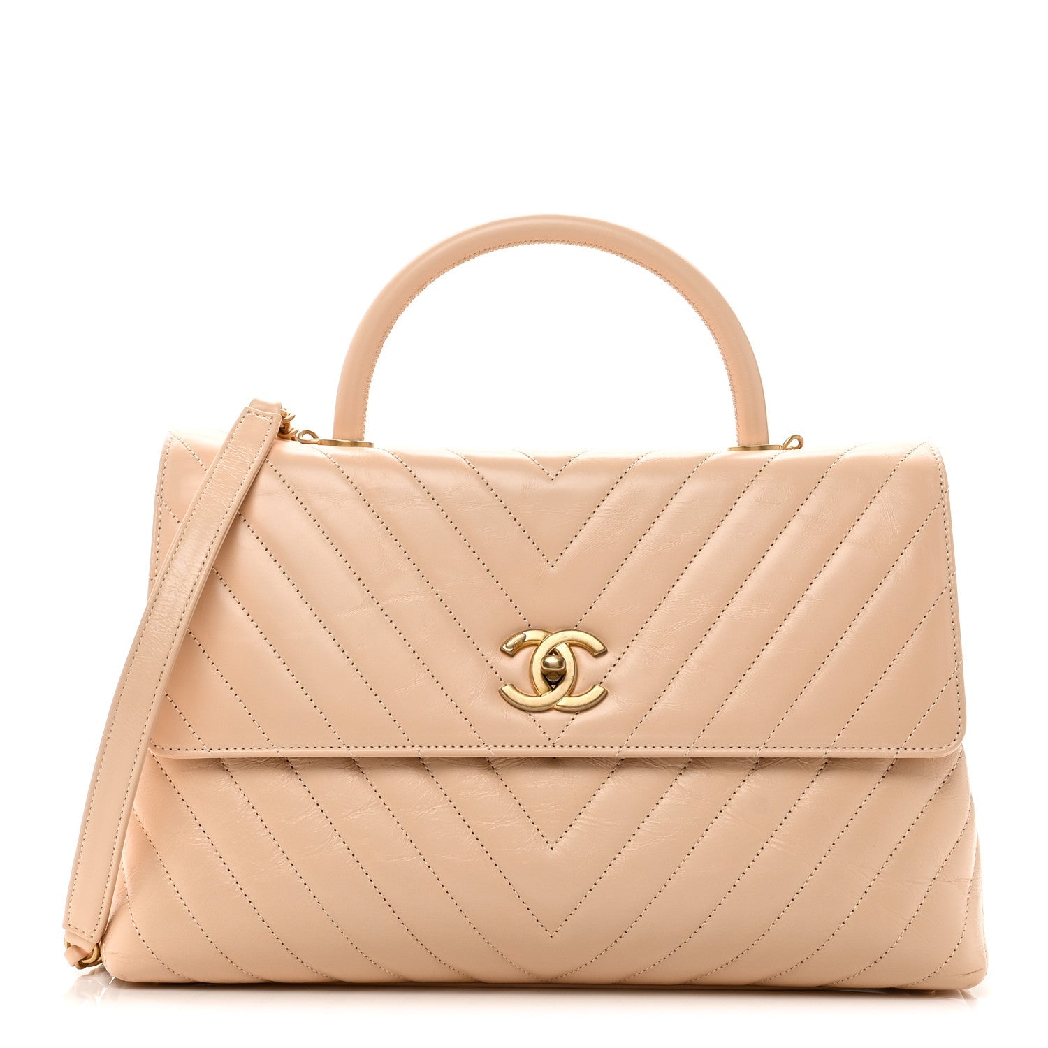 Chanel Calfskin Chevron Quilted Medium Coco Handle Flap Beige