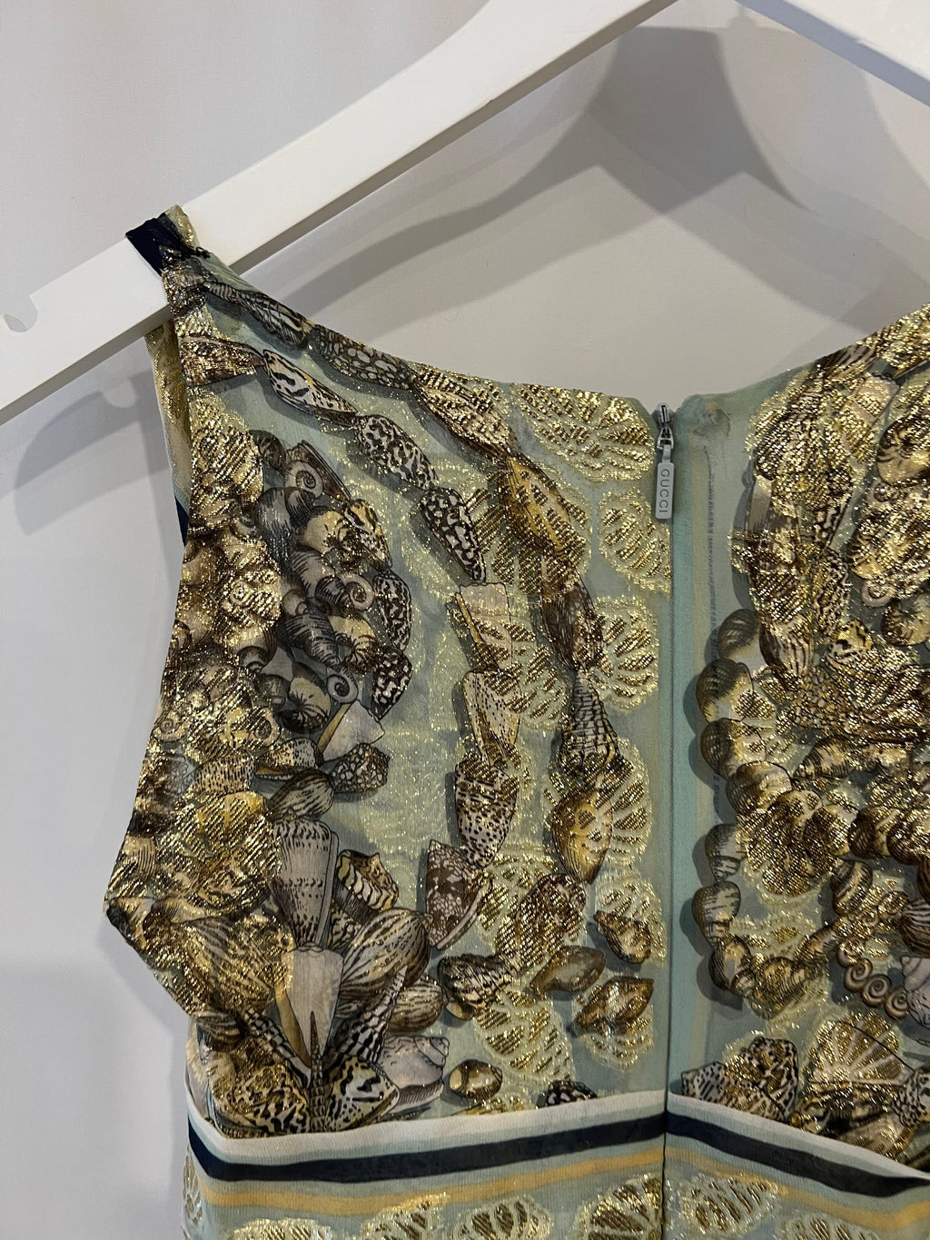 Gucci Pastel Green Printed Long Silk Dress with Gold Embellishments Size IT 38 (UK 6)