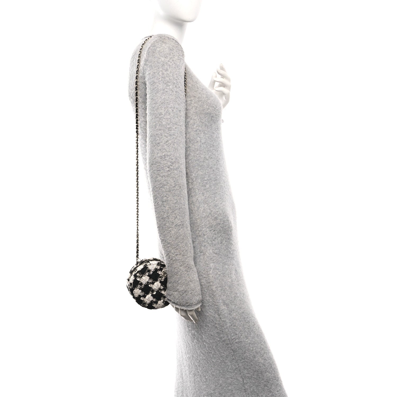 Chanel Tweed Quilted Round Clutch With Chain Black Ecru White