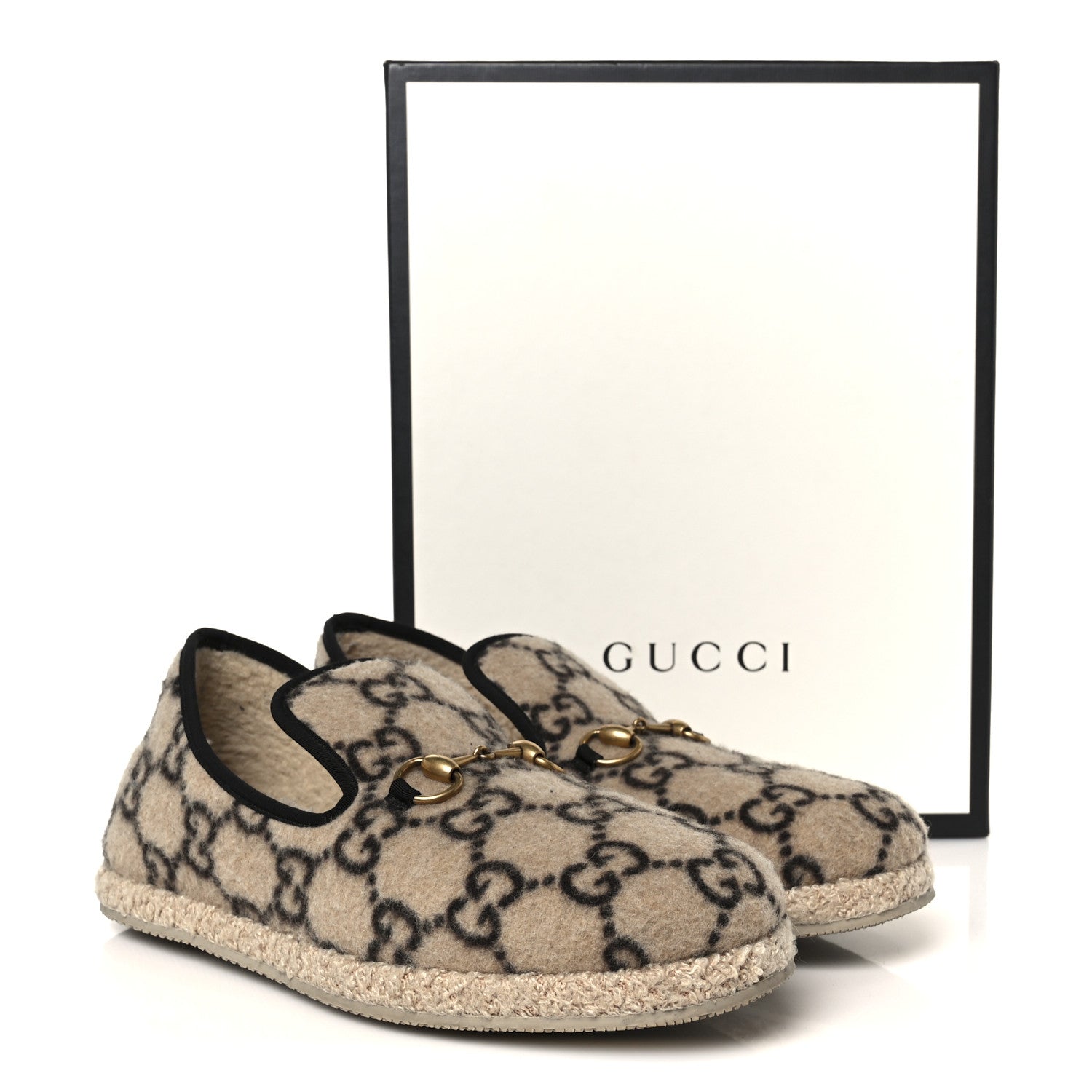 Gucci Covered Wool GG Monogram Mens Fria Horsebit Loafers 9 Beige Ebony Black Butterscotch