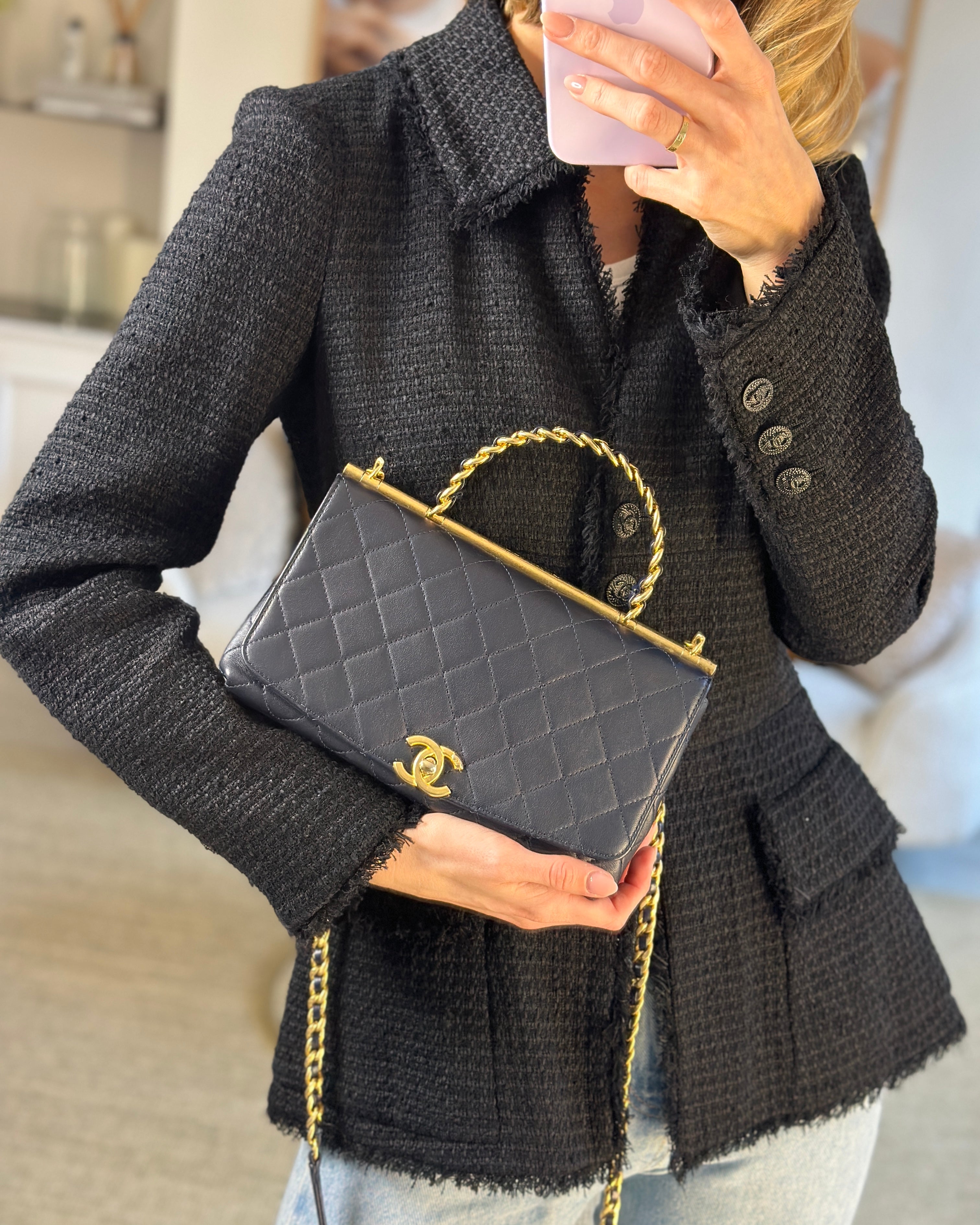Chanel Navy Top Handle Bag in Lambskin with Brushed Gold Hardware