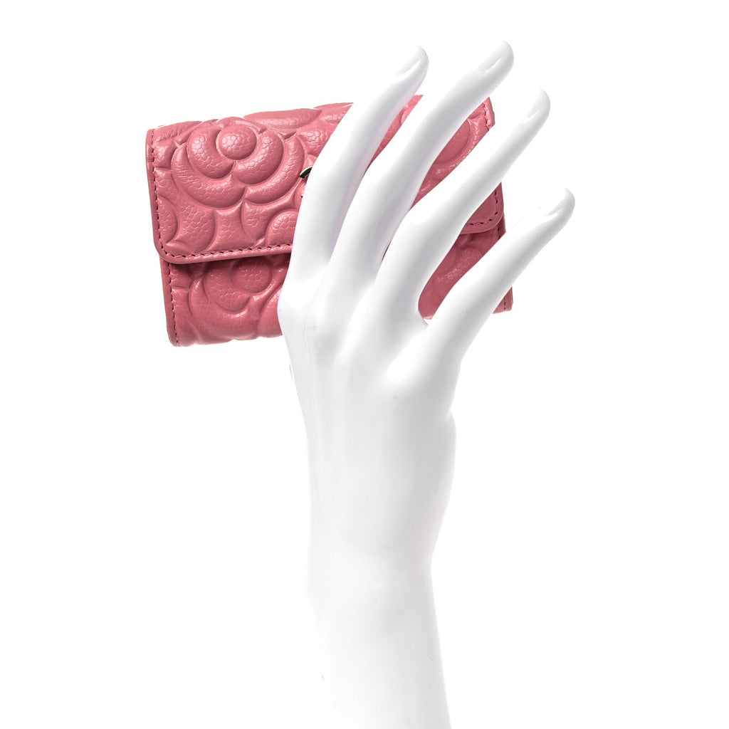 Caviar Camellia Embossed Card Holder Wallet Pink