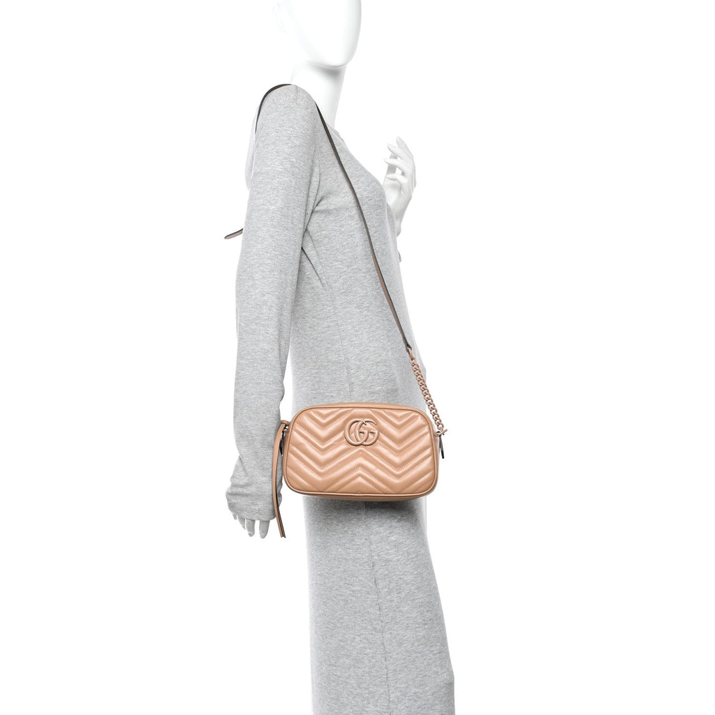 Gucci Calfskin Matelasse Monochrome Small GG Marmont Chain Shoulder Bag Camelia